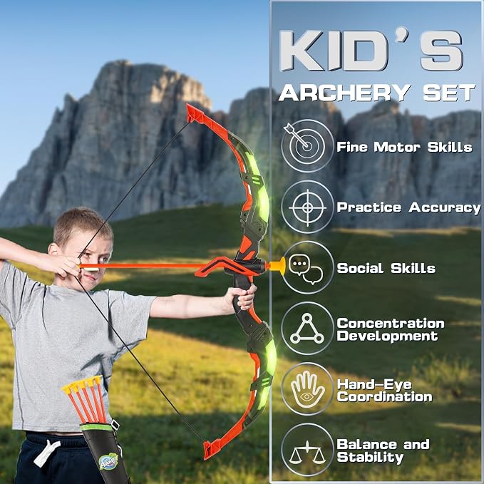 Bow and Arrow Set for Kids, 2 Pack LED Light Up Archery Set with 20 Suction Cup Arrows, Indoor and Outdoor Toy for Boys Girls Age 4-8 8-12 with Standing Target&2 Quivers, Birthday Gift 3-12 Years Old