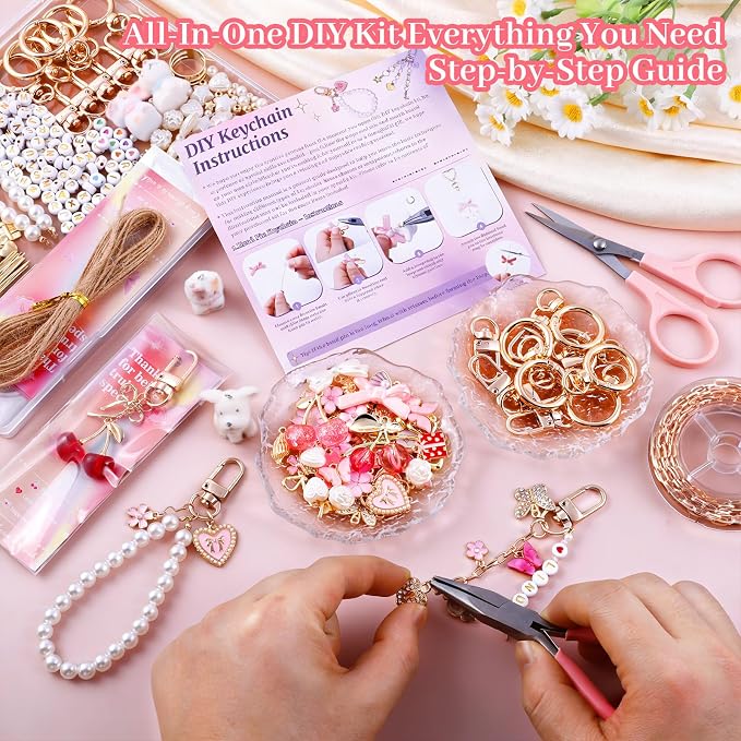 Wurosi 680 Pcs Keychain Making Kits, Pink DIY Bag Charm Kit, 78.74 Inch Chains, Key Chain Hooks, Jump Rings, Lobster Clasps, 225 Charms & Letter, Tools, Great for a Custom Gift, Party, or Family Activ