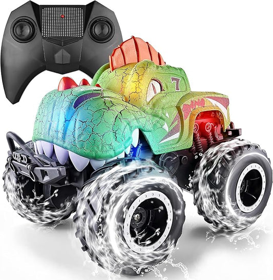 Amphibious Remote Control Car, 1:20 Waterproof Dinosaur Monster Trucks for Boys Age 4-7, 2.4GHz All Terrain RC Cars with 2 Batteries, 360° Rotating Stunt RC Car Toy Birthday Gift for Kids 3-5