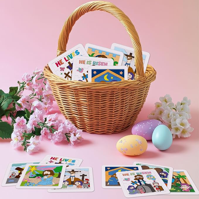 Cinrobiye 24 Pcs Christian Easter Coloring Jigsaw Craft Kit for Kids, DIY He is Risen Activity Set with 8 Designs, Religious Party Favors, Sunday School Classroom Art Projects