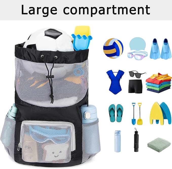 Swim Bag for Kids Mesh Beach Backpack for Boys Lightweight Drawstring Beach Bag Swimming Pool Sports Gym String Bag (Black)