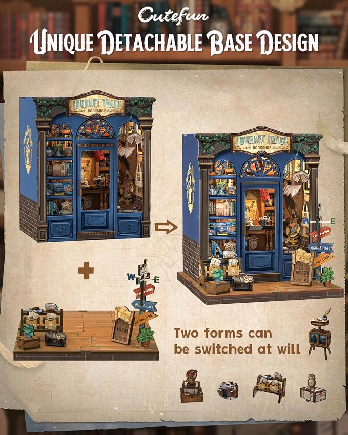 Cutefun Book Nook Kit - DIY Miniature Dollhouse Booknook Kit for Adults and Teens, 3D Wooden Puzzle Bookshelf Insert Decor with LED Light, Gifts for Book Lovers and Beginners (Journey Trace Bookshop)