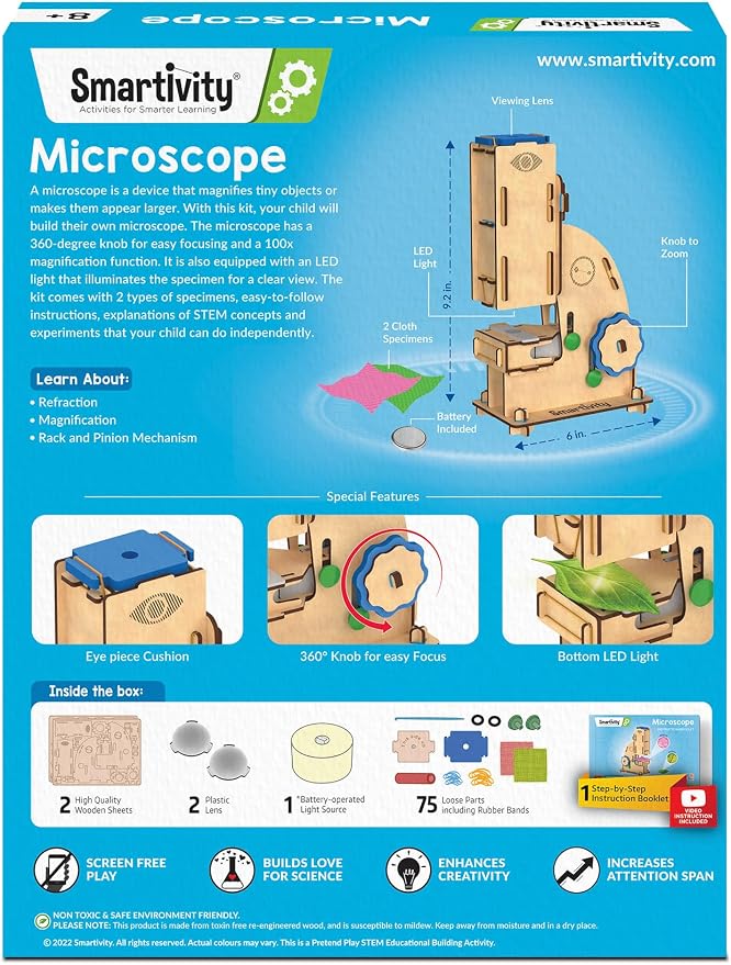 Smartivity Microscope 100x Zoom STEM Toy for Kids Age 8 to 14 Years Old | Cool Birthday Gifts Ideas for Boys & Girls | DIY Science Toys for 8,9,10,11,12,13,14 Years I Wooden Engineering Game