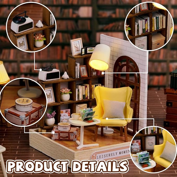 Kisoy Dollhouse Miniature with Furniture Kit, DIY 3D Wooden DIY House Kit with Dust Cover,Handmade Tiny House Toys for Teens Adults Gift(Leisurely Moment)
