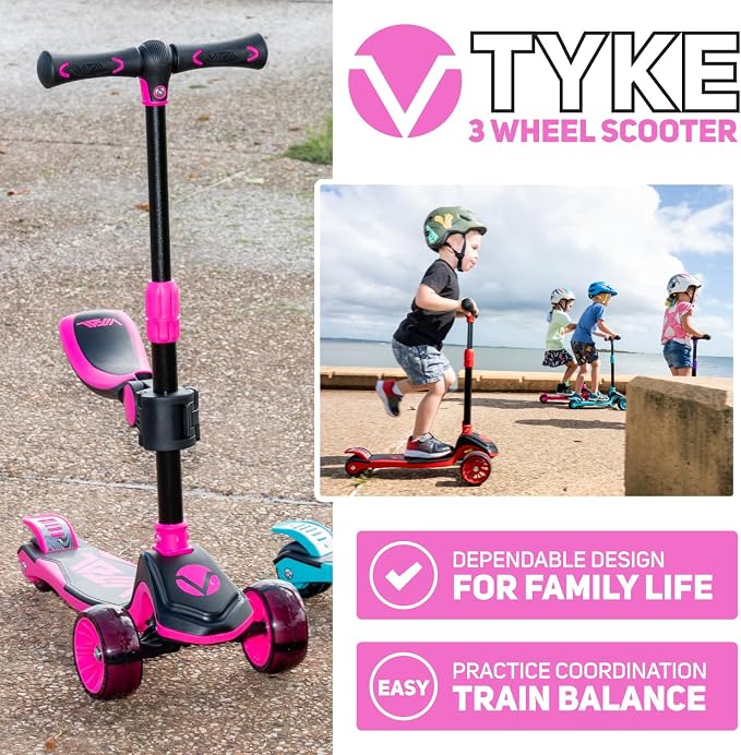 Vital Tyke 3 Wheel Toddler Scooter | LED Wheels, Foldable, Tool-Free Adjustable Handlebar & Removable Seat Scooters for Kids 3-5 and kick Scooters for Kids 5-7 up to 110lbs