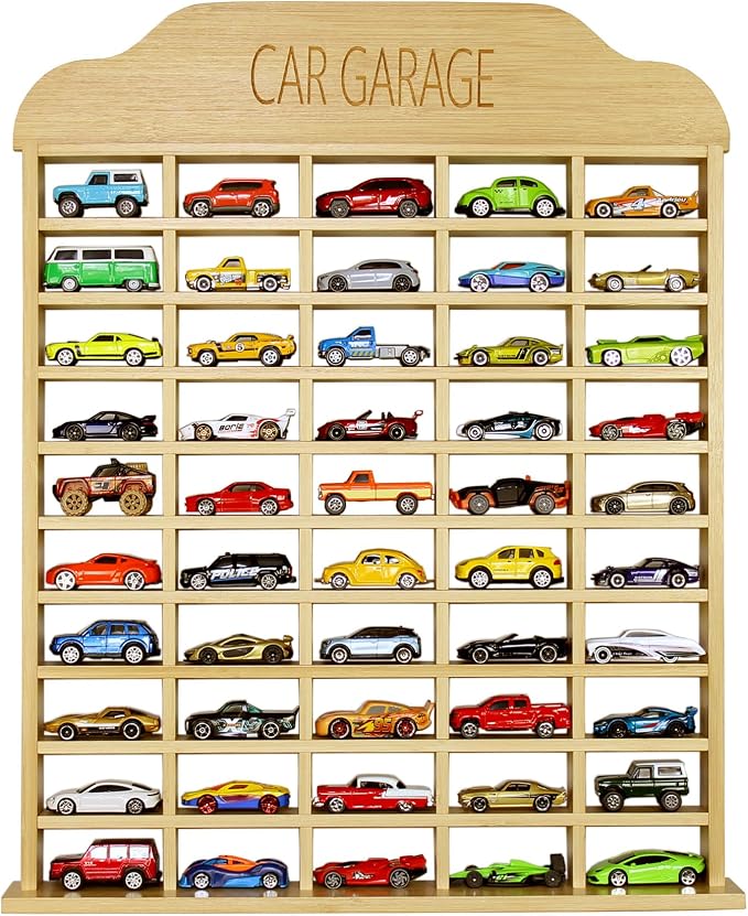 Car Garage Toy Shelf Display - Wall Mount for 1/64 Diecast Toy Cars - Wooden Wheels Shelf - Gift for Collectibles - Wall-Mounted Toy Car Storage Cabinet (50 Cars)