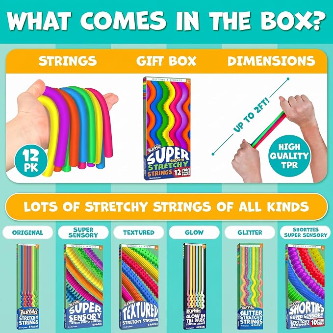 BUNMO Sensory Toys Stretchy Strings for Toddlers 3+ - Stimulating & Addictive Fidget Toys for Kids - Hours of Fun for Kids - Non-Mouthable Toy 3+ - Mini Smooth 12 Pack