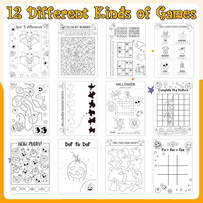 24Pcs Halloween Coloring Book Mini Game Color-in Pages Activity Book Set with Maze Crossword Puzzle Games Theme Party Favors Holiday Event Gift School Classroom Recreation Supplies for Kids