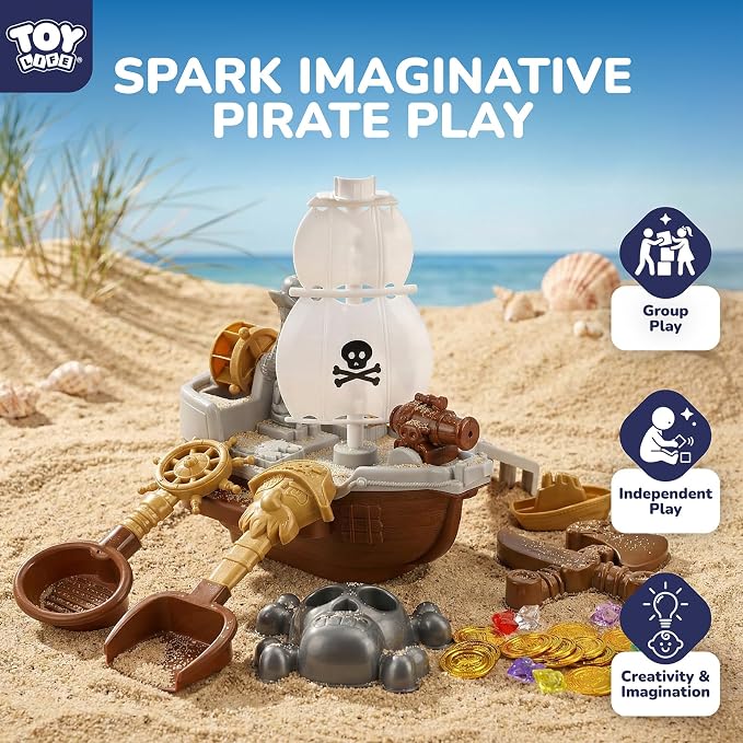 TOY Life 39PCS Pirate Beach Toys for Kids Ages 4-8, Pirate Ship Sand Toys Set with Treasure Coins & Gems, Sandbox Role Play Toys for Kids, Outdoor Beach & Travel Summer Adventure Toys