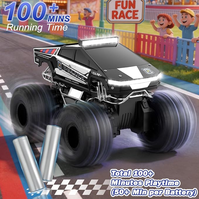 Qrytoi Police Cyber Remote Control Car, 1:18 Amphibious RC Car for Boys and Girls, 2.4GHz Waterproof Monster RC Car with 2 Rechargeable Batteries, Remote Control Truck Toys for Kids 6+