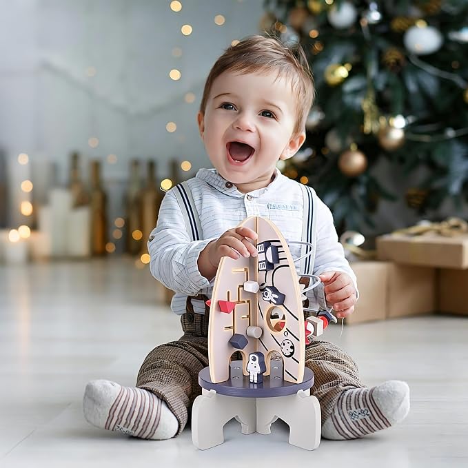 Wdmiya Space Wooden Activity Cube Toys for Baby, Montessoritoys for 1 Year Old Boy & Girl Birthday Gifts, Sensory and Educational 1st Birthday Gifts, Busy Board Toys for Baby Boy 6-18 Months (Rocket)