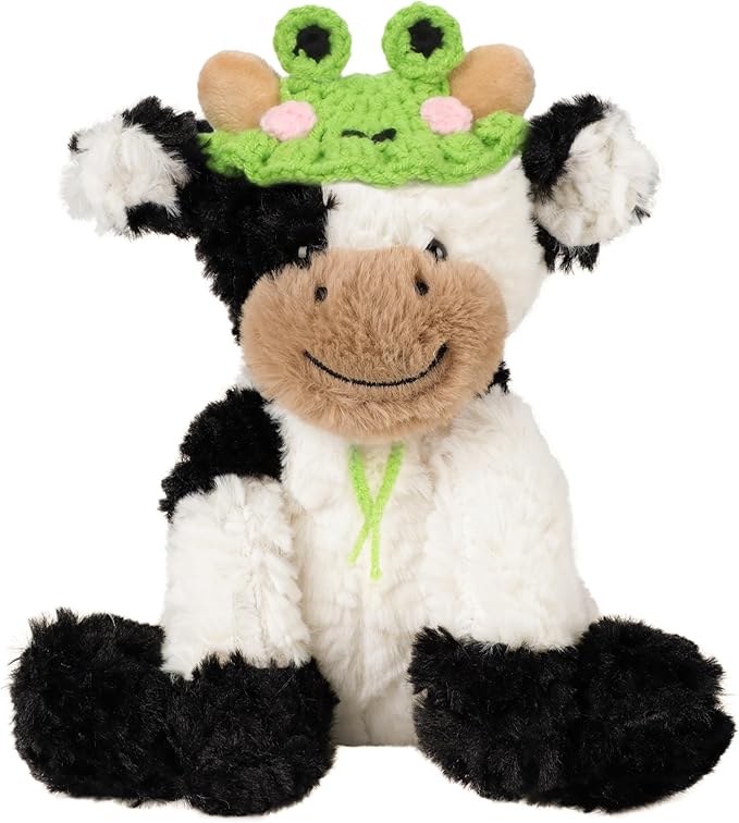 Hopearl Adorable Plush Cow Toy with Cute Tiny Knitted Frog Hat Floppy Dairy Cattle Soft Kawaii Stuffed Animal Birthday Holiday Gift for Boys Girls Kids Toddlers, 9''