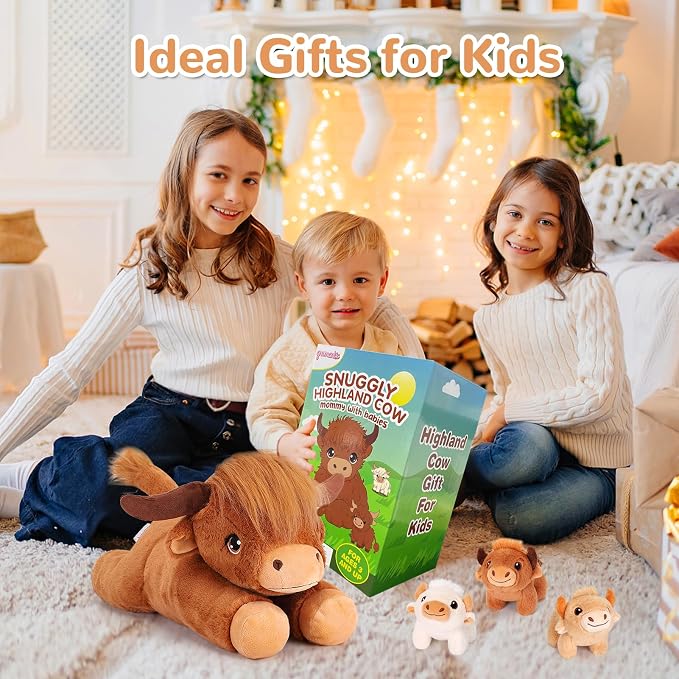 gnomantic Highland Cow Stuffed Animals with Babies, Mommy Toy for Kids | 5-Piece set: 1 mommy highland cow + 3 surprise babies inside. Unzip belly to reveal babies. Ultra-soft, safe for ages 3-8.