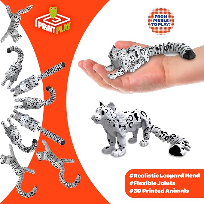 Born to Print Articulated 3D Printed Animal Fidget Toy – Flexible Moving Desk Toy for Kids & Adults | Sensory Stress Relief Toy | Realistic Collectible Animal Figure (Snow Leopard)