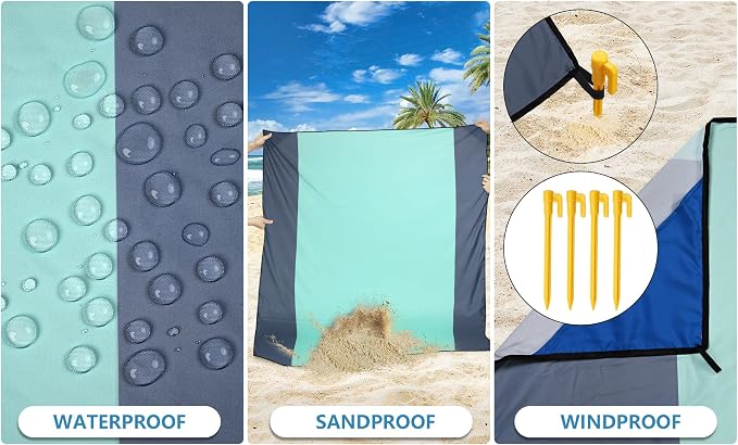WIWIGO Beach Blanket Waterproof Sandproof Beach Mat 79" X 83"/10'x9'for 2-8 Adults Quick Drying Outdoor Picnic Mat Beach Accessories for Travel, Camping, Hiking