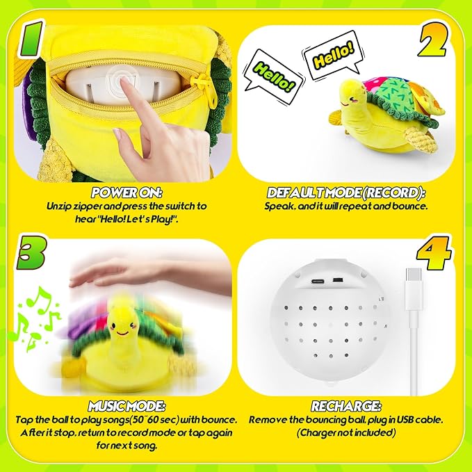 Esjay Baby Toys 6-12 18 Months, Crawling Musical Turtle Plush Tummy Time Toy, Dancing Bouncing Recording Walking Sensory Toys for 6 Month+ Old Infants, Gifts for 1 2 3 Year Old Boys Girls Toddlers