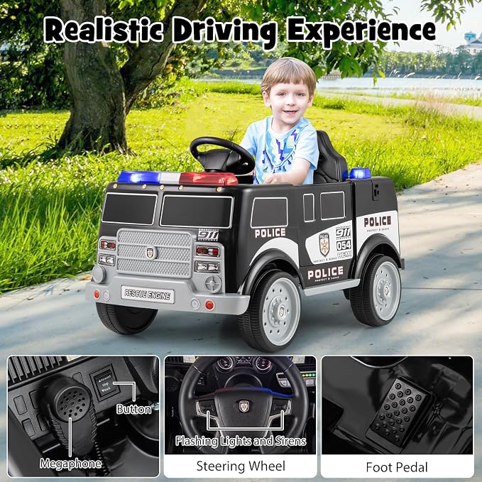 Costzon Ride on Police Car, 12V Battery Powered Electric Cop Cars for Kids w/3 Speeds, Megaphone, Music, FM Radio, Flashing Lights, Sirens, Ride on Toy w/Remote Control for Boys Girls 3+(Police Truck)