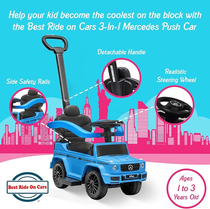 Best Ride On Cars Kids Outdoor Stroller Mercedes G-Wagon 3-in-1 Push Car with Detachable Handle, Safety Rails, and Working Horn, Blue