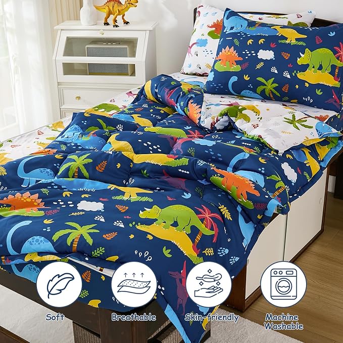 DJY Zipper Bedding Set Twin, Navy Blue Dinosaur Bedding Sets for Boys, Kids Comforter Set with Fitted Sheet Pillowcases, All in One Zipper Bed Set for All Seasons
