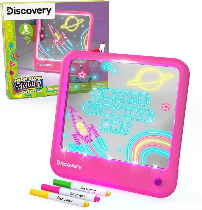 Discovery Neon Glow Drawing Board - LED Drawing Tablet for Kids| 8 Light Effects, 3 Washable Markers| Doodle Board Sketch Pad Art Kit| Built-in Storage & Display| Arts & Crafts Toy| Boys & Girls Gift