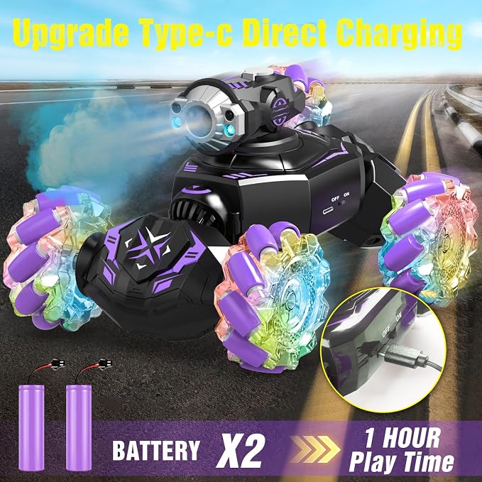 Gesture Sensing Remote Control Car, RC Cars Toys for Boys Age 6-12, 4WD Hand Controlled Twist & Transform 360° Spins Stunt Car with Mist, Light & Music, 8-10 Year Old Boys Birthday Gift Purple