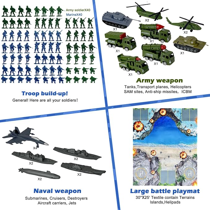 TALGIC Army Men Playset - Large Set Including Army Men Action Figures, Battle Mat, Army and Navy Weapon Gear Accessories, Military Combat Toys, Army Toys for Boys Age 4-12