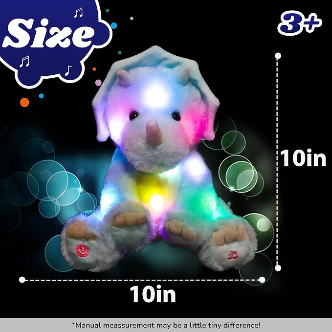 Light-up Singing Plush Blue Triceratops LED Musical Stuffed Animal Dinosaur Adjustable Volume Lullaby Plushies Birthday Christmas Toy Gifts for Kids Toddler Girls, 13"