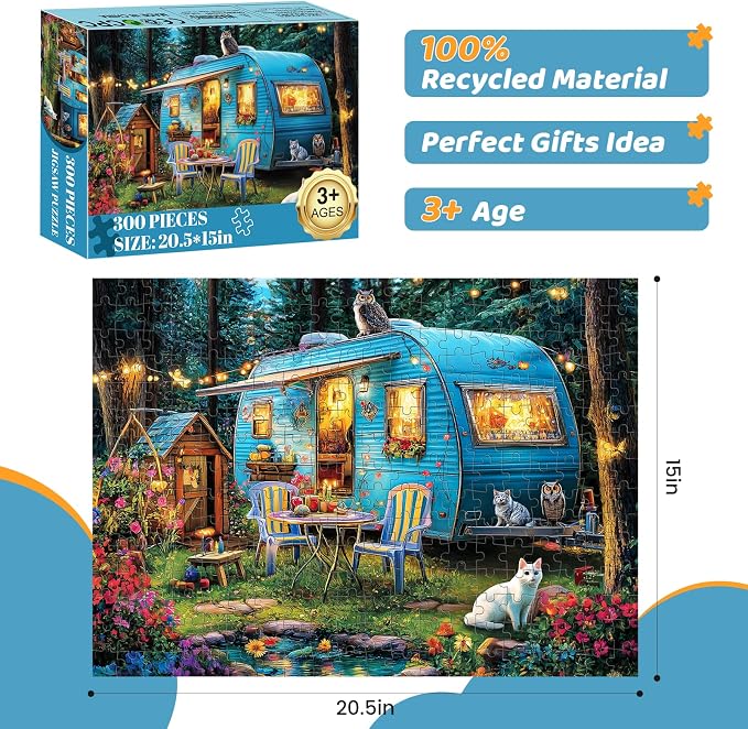 300 Pieces Puzzles for Adults | Camper Cat Jigsaw Puzzles | Large 300 Piece Puzzle for Children Adults Seniors | Sturdy,Safe | Engaging & Educational Toys Great Gift for Boys Girls 20.5 x 15 in
