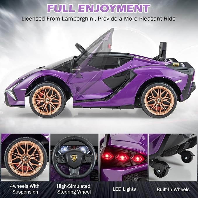 INFANS 12V Licensed Lamborghini Sian Kids Ride On Car with Parent Remote Control, Spring Suspension, MP3 Player, Electric Toy Roadster Carbon Fiber Textured for Toddler (Purple)