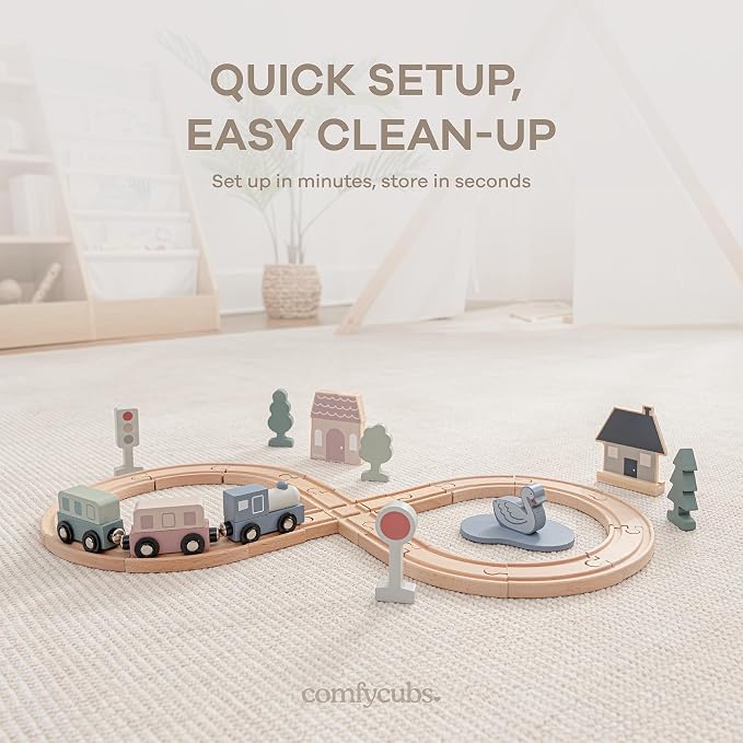 Comfy Cubs 30-Piece Wooden Train Set for Toddlers Ages 1+, Fun & Eco Friendly Toddler Train Set with Wooden Toy Tracks - Creative Toy Town Promoting Imaginative Play with Flexible Configuration