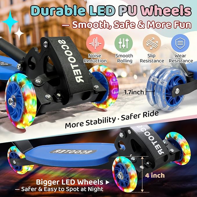 Kick Scooters for Kids 5-7 8-12,Lean to Steer,Three Wheeled Light Up,28"-32" Adjustable Handlebar,Widen Anti-Slip Deck,Floor Push Scooter for Boys Girls Ages 6-12 3-4 Old,Foldable for Travel