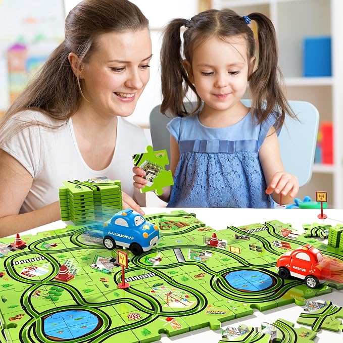 Beby Buty 48PCS Puzzle Race Track Car Set for Toddlers Kids Boys, Toddler Toys Birthday Gifts for 3 4 5 6 Years Old Boys and Girls, Floor Puzzle Tracks Car Toys for Ages 3-5 4-6