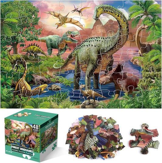 Jumbo Floor Puzzle for Kids,48 Piece Forest Dinosaur Large Jigsaw Puzzles, Fun Educational Preschool Learning Toy for Toddlers Ages 3-5,Easter Gift for Boy Girl Ages 4-8