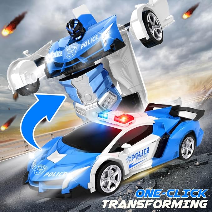 Dolanus Remote Control Police Car - RC Car Transform Robot, Flashing Light, 2.4Ghz, 360 Degree Rotating, Toys for Ages 5-7, Kids Toys, Birthday Gifts for 3 4 5 6 7 8 10 12 Years Old Boy (Blue)