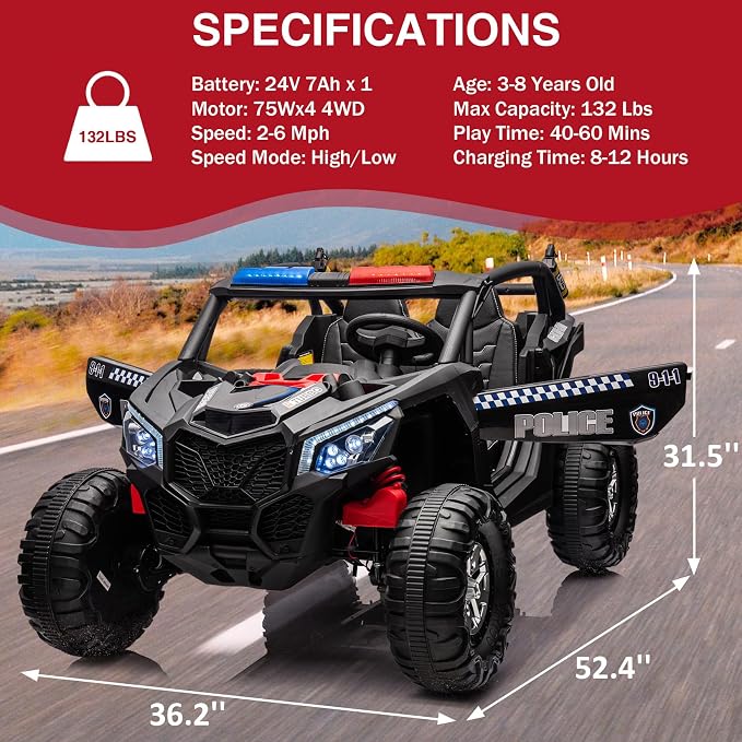 24V 2-Seater UTV Ride on Toy with Remote Control – Powerful 4WD Electric Vehicle Features 4 Shock Absorbers, Leather Seats, Music, and Lights. Designed As a 24V Ride-on Toy for Big Kids