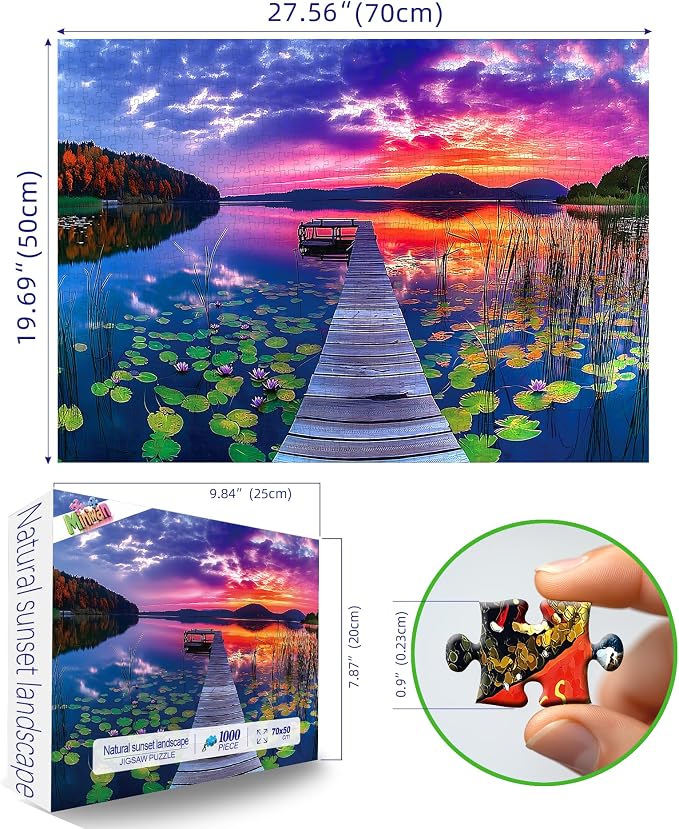 Sunset Lake Dock 1000 Piece Jigsaw Puzzle for Adults Beautiful Wooden Bridge Landscape with Mountains Natural Scenery Vibrant Sky Lily Pads Challenging uzzle for Game Night & Home Decor (27" x 20")