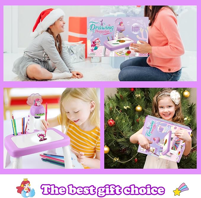 Hoarosall Drawing Projector for Kids, Drawing Board Pad, Color Pens, Pencils, Crayons, Scrapbook etc,Tracing Projector, Ideal Toy for 3+ Year Old Girls (Mermaid Kit)