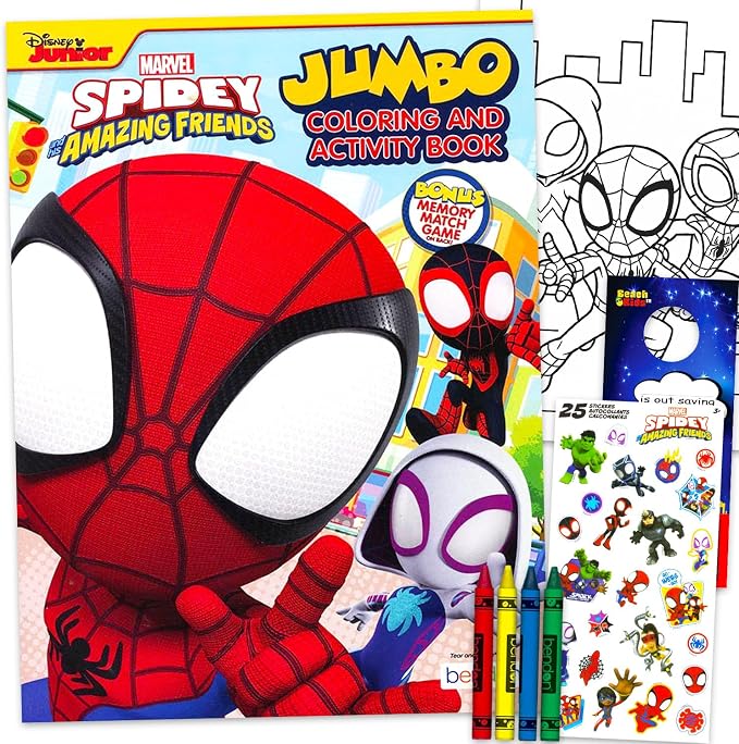 Marvel Spidey and Friends Coloring Book Set for Kids, Boys Ages 4-8 - Bundle with Spiderman Coloring Pages, Activities, Games Plus Stickers, Jumbo Crayons | Spidey and Friends Activity Book Set