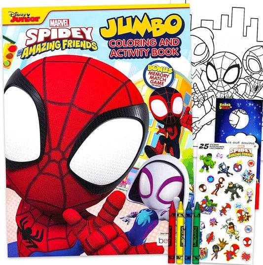 Marvel Spidey and Friends Coloring Book Set for Kids, Boys Ages 4-8 - Bundle with Spiderman Coloring Pages, Activities, Games Plus Stickers, Jumbo Crayons | Spidey and Friends Activity Book Set