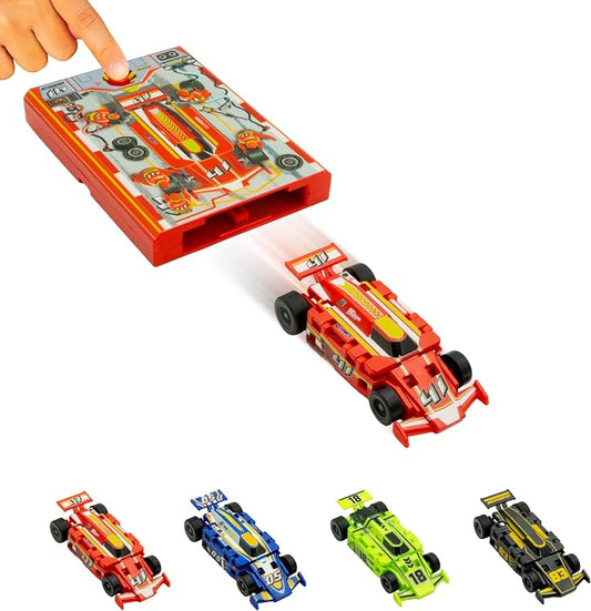 FLAT 2 FAST Original Speed Card Racer – Flat Car Racer and Pocket Size Racecar Launcher with Real Rubber Tires for High-Speed Racing – Transforming Toy Car for Boys – Load, Launch, Race! – Racing Red