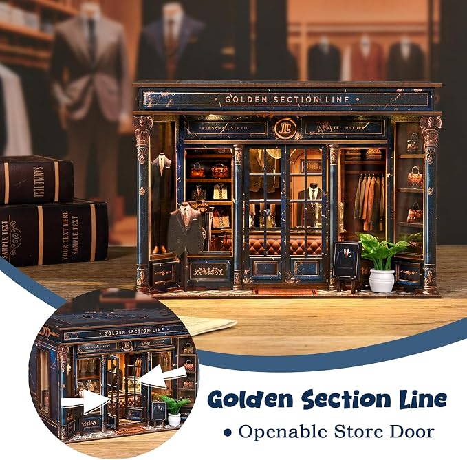 Book Nook Kit DIY Miniature Dollhouse Kit 3D Wooden Puzzles Gentleman's Clothing Store Tiny House Bookshelf Decor with LED, DIY Craft Gift for Adults Teens- Golden Section Line