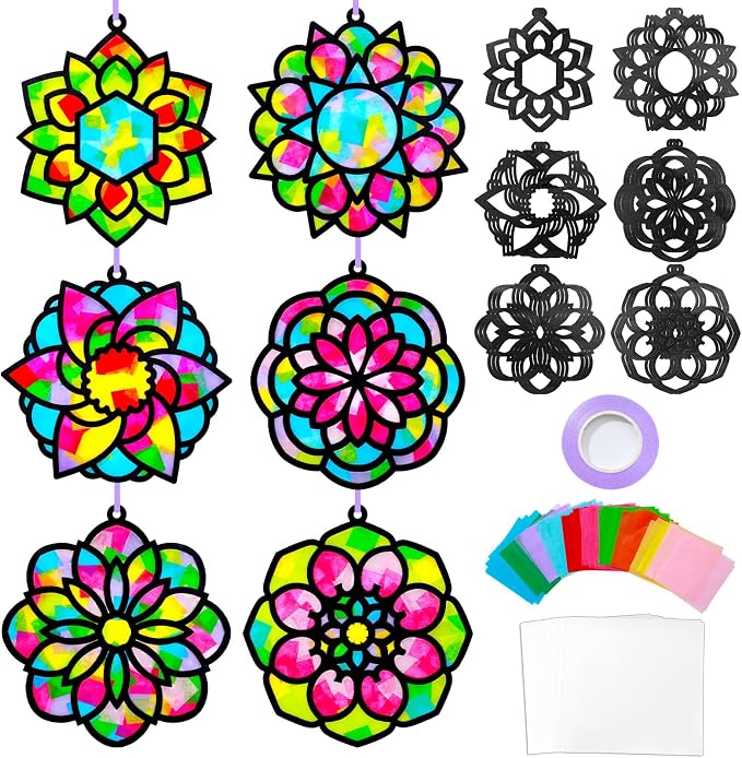 Qyeahkj 36 Set Mandala Suncatchers Crafts for Kids DIY Mandala Window Tissue Paper Craft Kit Art Flower Hanging Decor for Summer Home Activity Art Project Birthday Party Favor Gift
