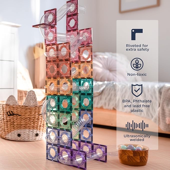 CONNETIX Magnetic Tiles Pastel Ball Run Pack, 106 Pieces
