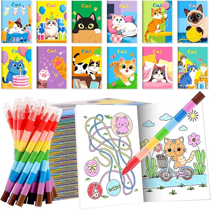 BenLouis 12 Cat Mini Coloring Books Kids with 12 Stacking Crayons Cute Kitten Small Party Favors Small Activity Books Bulk for Kids Pet Party Gift Goodie Bag Stuffers