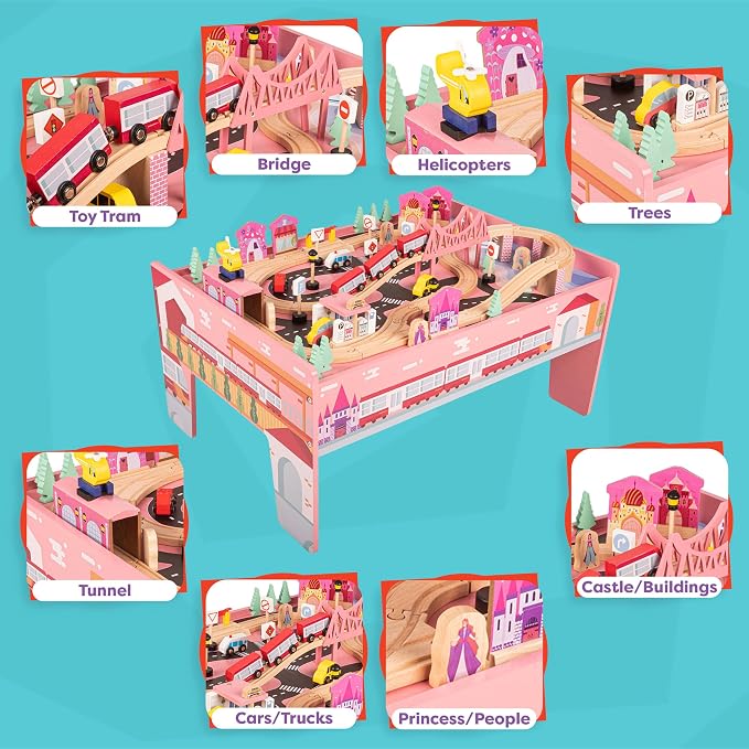 Wooden Train Set with Train Table - 75PC Play Set with Tracks, Vehicles, Buildings, Illustrated Play Surface, and Activity Table by Hey Play (Pink)