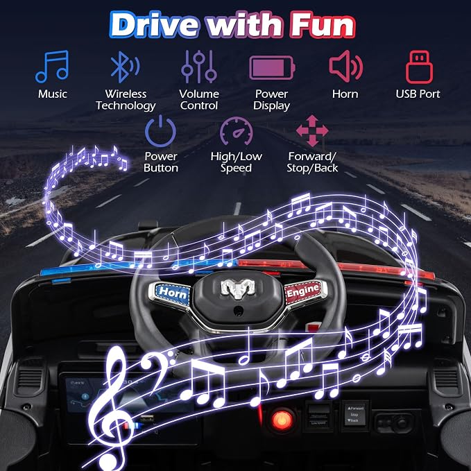 Costzon Police Car Ride On, 12V Licensed RAM Kids Electric Vehicle w/Remote Control, LED Lights, Music, Horn & Wireless Connection, Soft Start, Kids Car Toyt for Boys Girls (1-Seater,Police Dark)