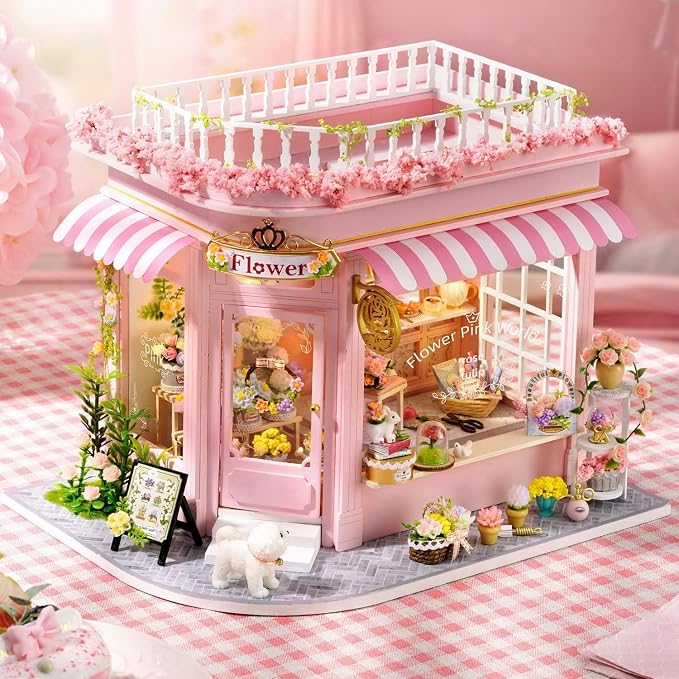 TuKIIE DIY Miniature House Kit with Furniture, 1:24 Scale Creative Room Mini Wooden Dollhouse Book Nook Plus Dust Proof & Music Movement for Kids Teens Adults(Flower Shop)