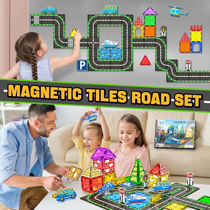 Magnetic Tiles City Road Set Kids Toys for 3 Year Old Boys Girls Magnetic Building Blocks with Cars Toys Construction Educational Magnets Tiles Gifts for Kids Toddlers Age 3-5 4-8 6 Christmas Birthday