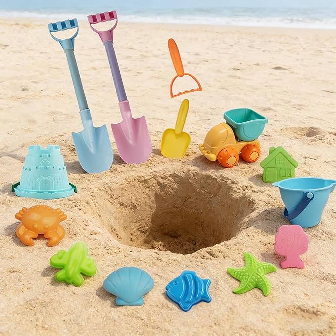 IOKUKI Long Shovels Sand Toys Set with Mesh Bag Including Dump Truck, Beach Buckets, Shovels, Rakes, Molds, Outdoor Beach Toy Tool Kit for Kids, Toddlers, Boys 1and Girls (15 PCS) Age 3+