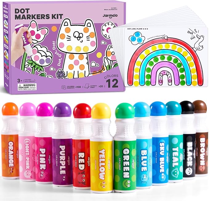 Jar Melo Washable Dot Markers for Toddlers, 12 Colors Dot Paints with 120 Printed PDF & 20 Activity Papers, Non-Toxic Bingo Markers for Kids Arts and Crafts Gifts
